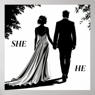 Poster Casamento Silhueta de uma Noiva e Noivo