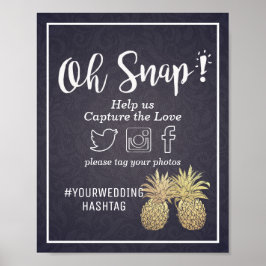 Poster Casamento Snap Hashtag Chic Abacaxi Dourado Azul N