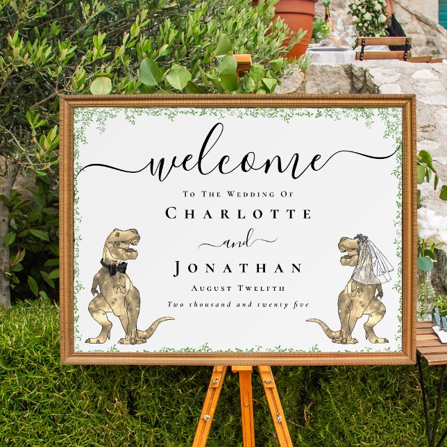Poster Casamento Tema Dinossauro Divertido Bem-vindo (Dinosaur wedding welcome poster signage watercolor greenery elegant script funny T-Rex bride & groom)