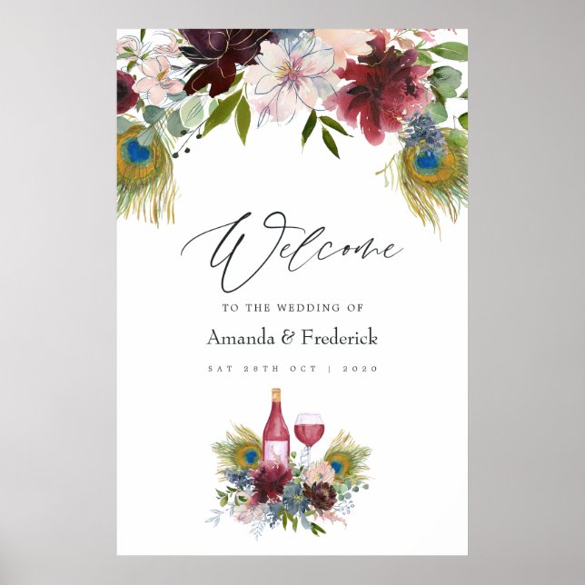 Poster Casamento Temático de Vinho com Pavão em Borgonha  (Frente)