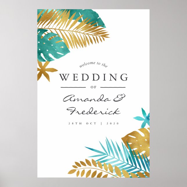 Poster Casamento Tropical Bem-vindo em Turquesa e Dourado (Frente)