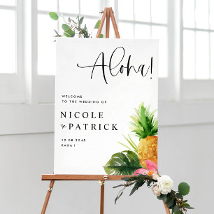 Poster Casamento Tropical com Abacaxi e Hibisco em Aquare