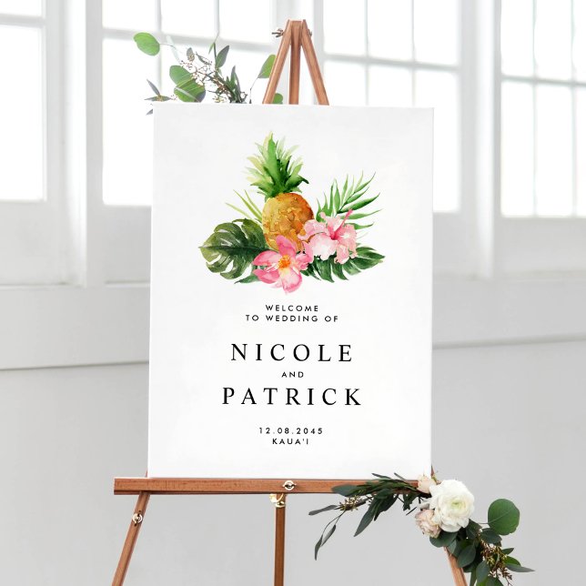 Poster Casamento Tropical com Abacaxi em Aquarela e Folha (Customizable tropical wedding welcome sign featuring watercolor pineapple, greenery and flower.)