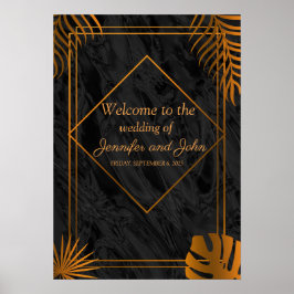 Poster Casamento Tropical com Folhas Douradas e Frame Geo