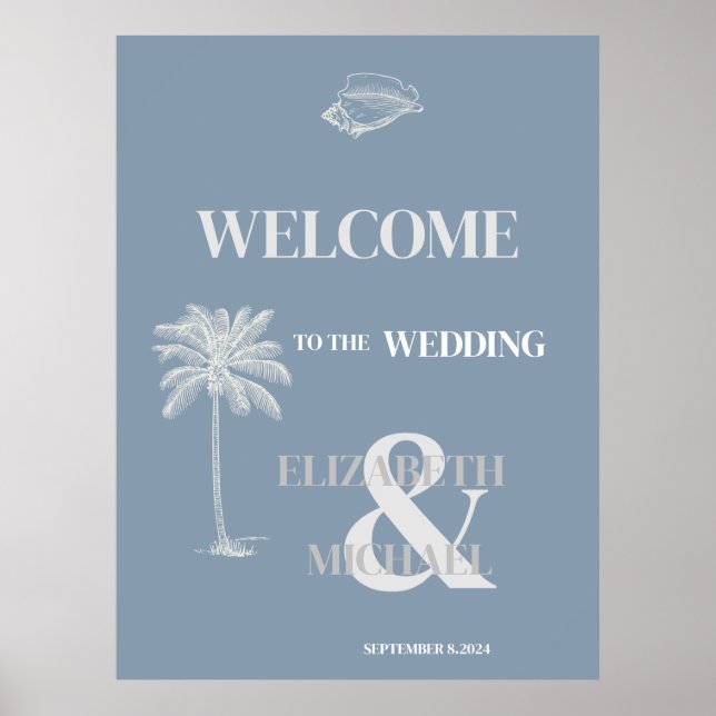 Poster Casamento Tropical Minimalista Dusty Blue (Frente)