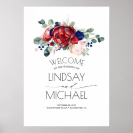 Poster Casamento Vermelho Azul e Borgonha com Marinho Flo