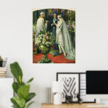 Póster Casamento vintage, noiva e noiva com Menorah<br><div class="desc">Ilustração Vintage,  amor e cerimônia de casamento romântica,  com uma imagem de um casal se casando em uma bela sinagoga com vitrines coloridas,  flores e uma menorah de sete galhos. A noiva está vestindo um longo vestido branco e o noivo é bonito em seu smoking.</div>