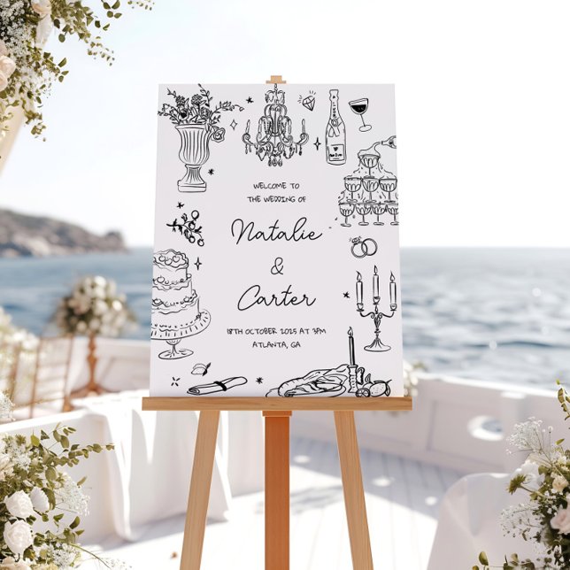 Póster Casamento Whimsical Desenhado à Mão Negra e Branca (Criador carregado)