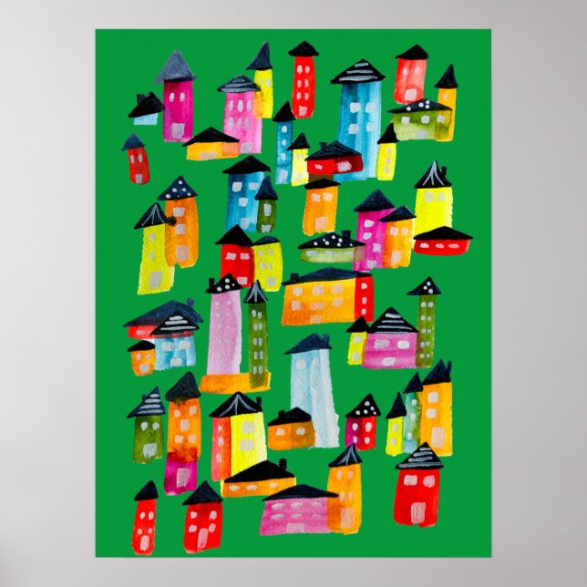 Poster Casas brancas de aquarela branca (Frente)