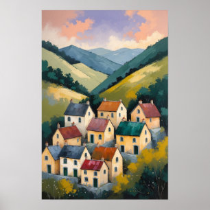 Poster Casas de Aldeia Encantadoras em Paisagem de Colina