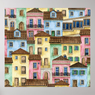 Poster Casas de Lisboa: Padrão Funicular de Aquarela.