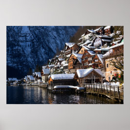 Poster Casas de madeira à beira do lago em Hallstatt, Áus
