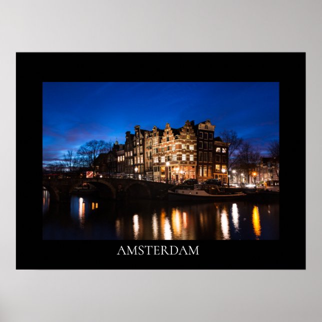 Poster Casas do canal de Amsterdã à noite (Frente)