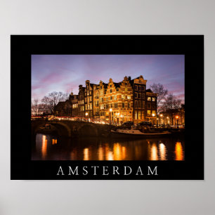 Póster Casas do canal de Amsterdã ao anoitecer pôster pre