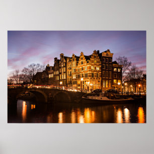 Poster casas do canal de Amsterdã ao pôr do sol pôster