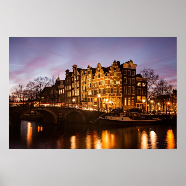 Poster casas do canal de Amsterdã ao pôr do sol pôster (Frente)