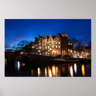 Póster Casas do canal de Amsterdão na noite