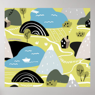 Poster Casas escandinavas, árvores, padrões de montanhas.