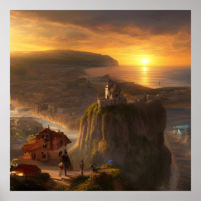 Poster Casas pequenas em um penhasco no mar e no sol (Frente)