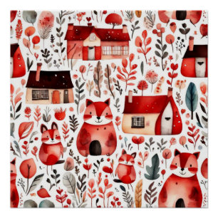 Póster Casas vermelhas e casas fofas Folha de Papel