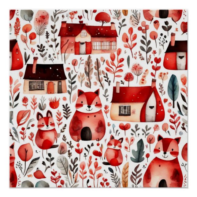 Póster Casas vermelhas e casas fofas Folha de Papel (Frente)
