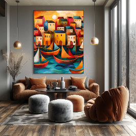 Póster Casas y Barcos: Paisaje Folk y Naive Colorido