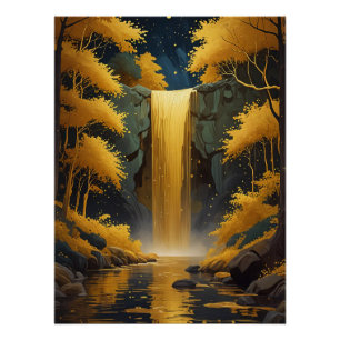 Póster Cascata Dourada no Bosque Reluzente