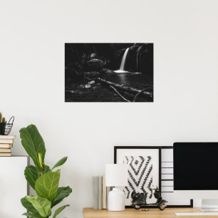Poster Cascata mínima atrás de árvore quebrada em preto