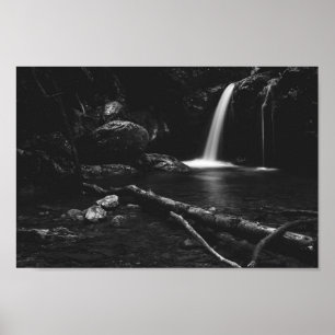 Poster Cascata mínima atrás de árvore quebrada em preto