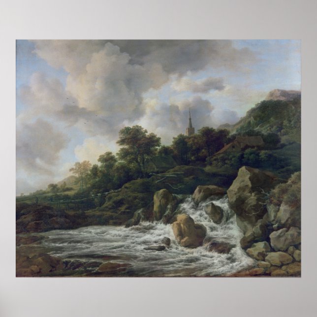 Póster Cascata perto de uma vila, c.1665-70 (Frente)