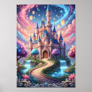 Poster Castelo Cósmico Encantado com Lanternas Flutuantes