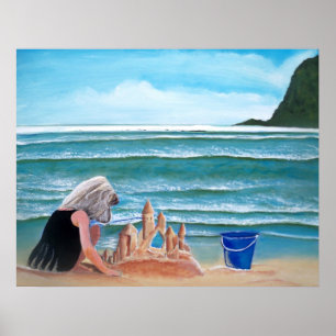 Poster Castelo da areia da construção da menina pela ar