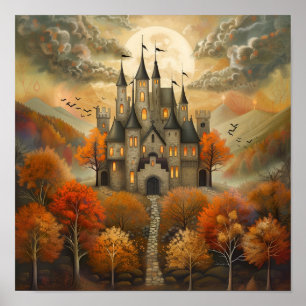 Poster Castelo de Autumn Encantado na Arte Night AI