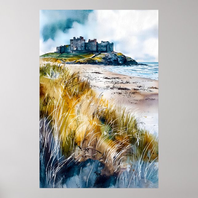 Poster Castelo de Bamburgh Aquarela 1 (Frente)