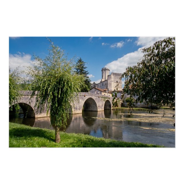 Póster Castelo de Bourdeilles e Ponte de Pedra, França (Frente)