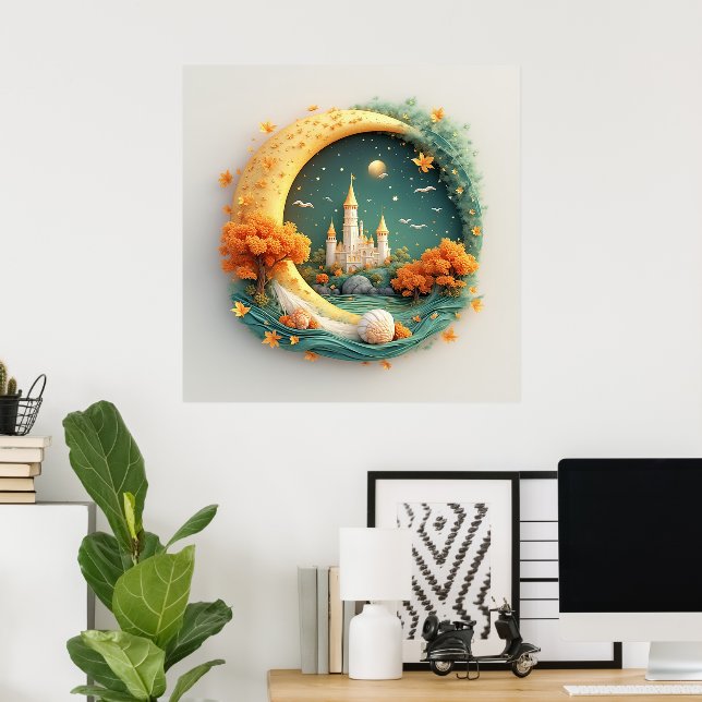 Poster Castelo de Conto de Fadas Cercado por Árvores Sazo (Escritório em casa)