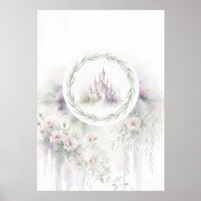 Poster Castelo de Conto de Fadas Pastel com Coroa Floral  (Frente)