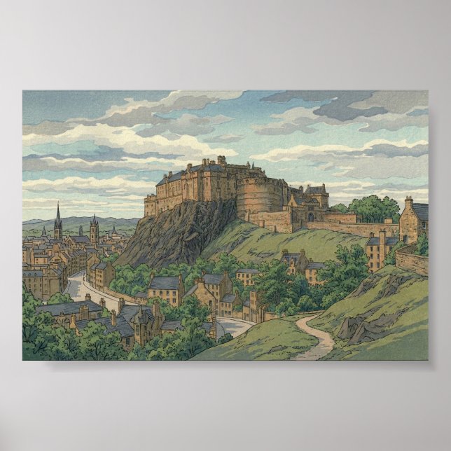 Poster Castelo de Edimburgo Gravura em Bloco de Madeira J (Frente)