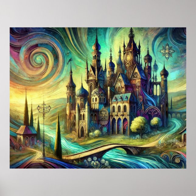 Poster Castelo de Fantasia com Céu Giratório e Rio Fluind (Frente)