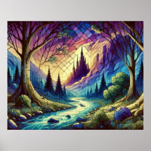 Poster Castelo de Fantasia com Floresta Encantada e Rio