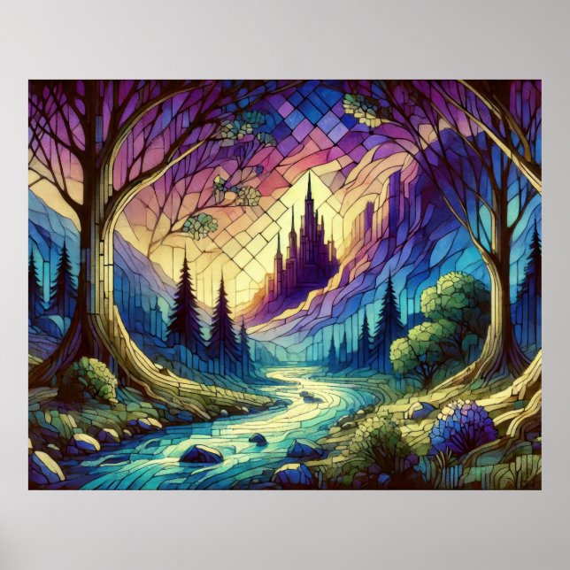 Poster Castelo de Fantasia com Floresta Encantada e Rio (Frente)