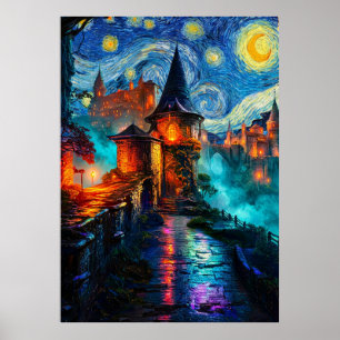 Poster Castelo de Fantasia da Noite Estrelada Pintura a Ó