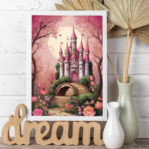 Poster Castelo de Fantasia Mágica Branca Rosa