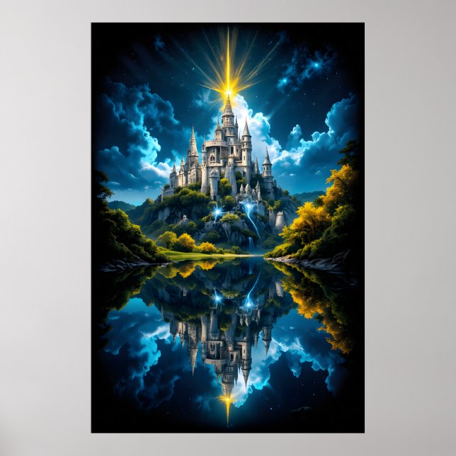 Poster Castelo de Fantasia Refletindo no Lago com Luz Mág (Frente)