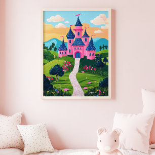Poster Castelo de Fantasia Rosa Pôr do Sol Paisagem Arte 