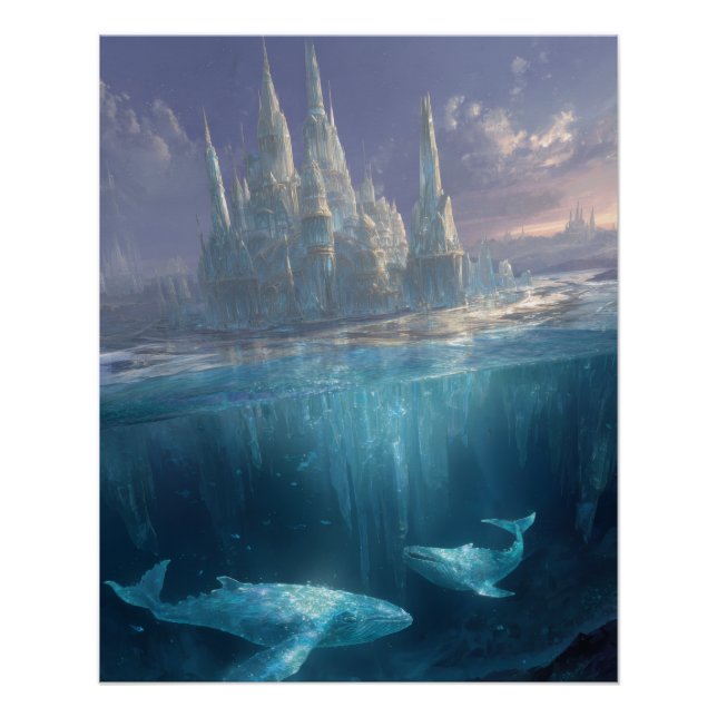 Póster Castelo de Gelo Flutuante Com Baleias do Oceano (Frente)