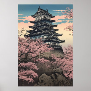Poster Castelo de Himeji com Cherry Blossoms Arte Japones