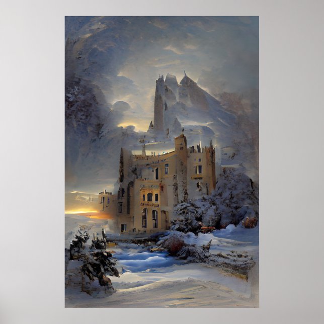 Poster Castelo Em Neve, Castelo Retro, Presente De Natal (Frente)