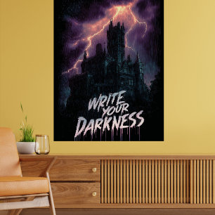 Poster Castelo Gótico Assombrado sob tempestade com texto