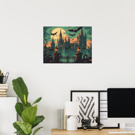 Poster Castelo Gótico de Vampiro sob a Lua Cheia